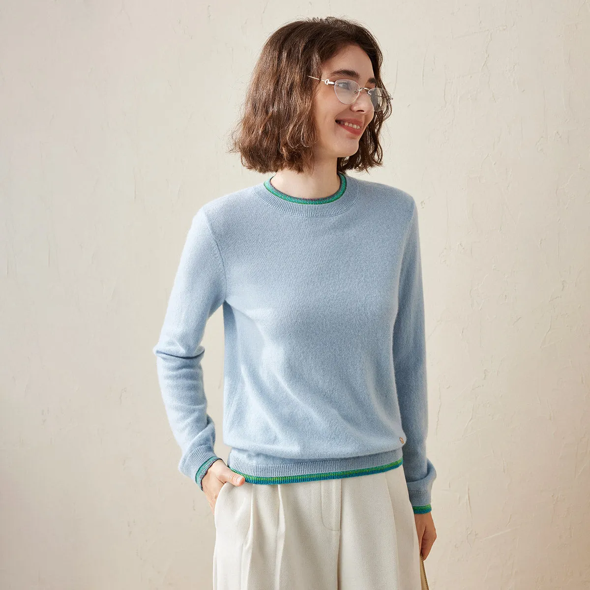 100% Cashmere Color-Accented Soft Knit Pullover Sweater