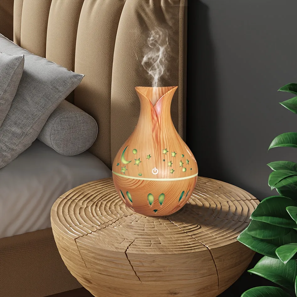 1pc, 130ml Stylish Wood Grain USB Air Humidifier with Star Colorful Night Light - Compact, Whisper-Quiet, Fragrance Diffuser, Humectant, and Air Purifier for Home, Office, Bedroom, Travel - Portable, Easy to Clean, and Energy Efficient