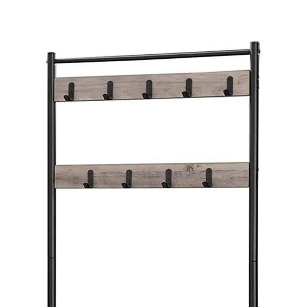 69 Inch Coat Rack Horse, 9 Hooks, 3 Shelves, Black Metal Frame, Gray By Casagear Home