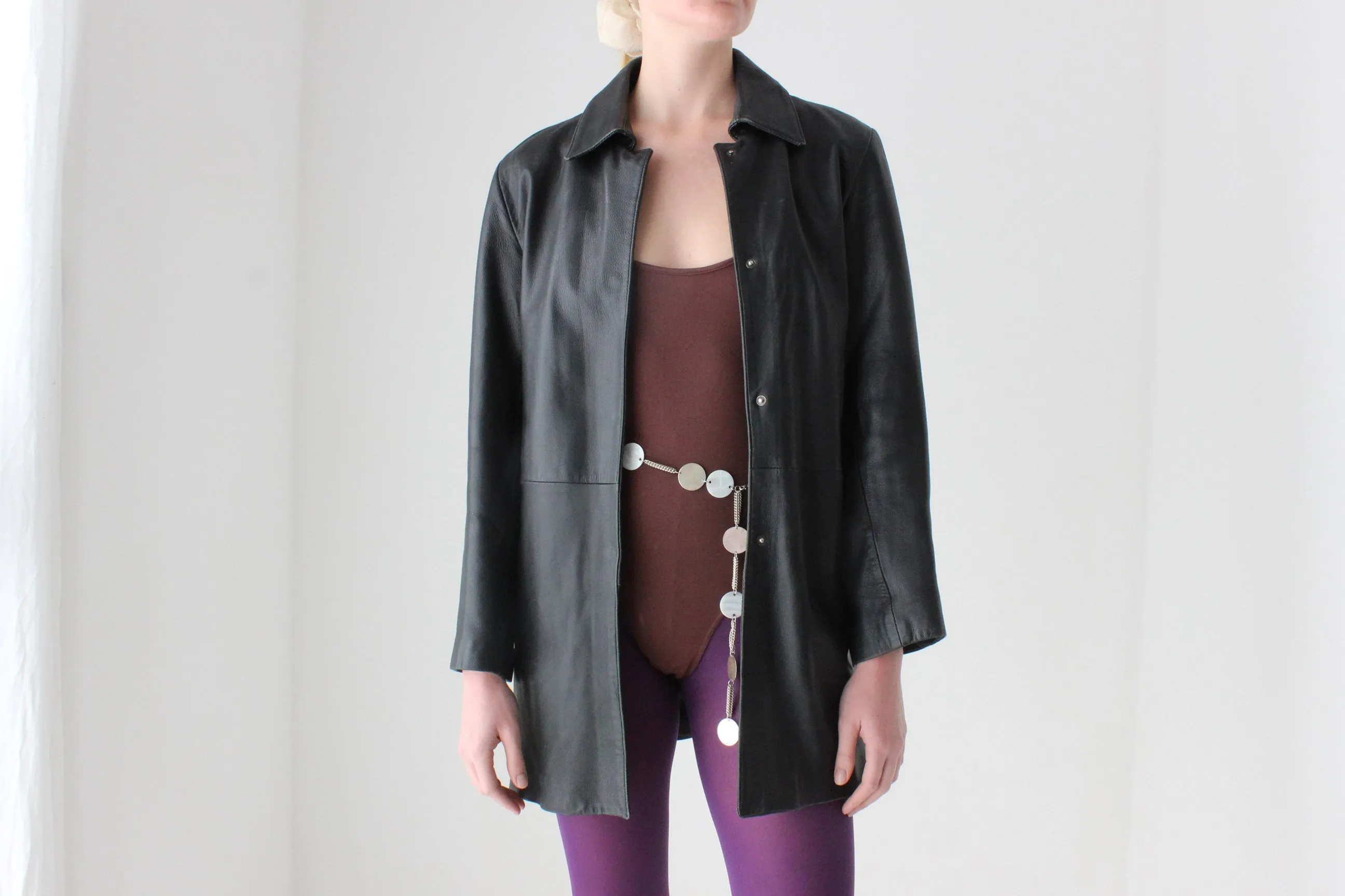 90s Woodlands Classic Leather Minimal Button Up Coat