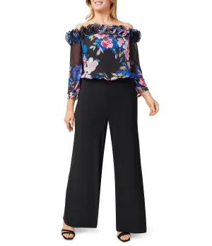 Adrianna Papell Off Shoulder Ruffled Neck 3/4 Sleeve Floral Print Bodice Zipper Back with Stretch Jersey Pants (Plus Size)