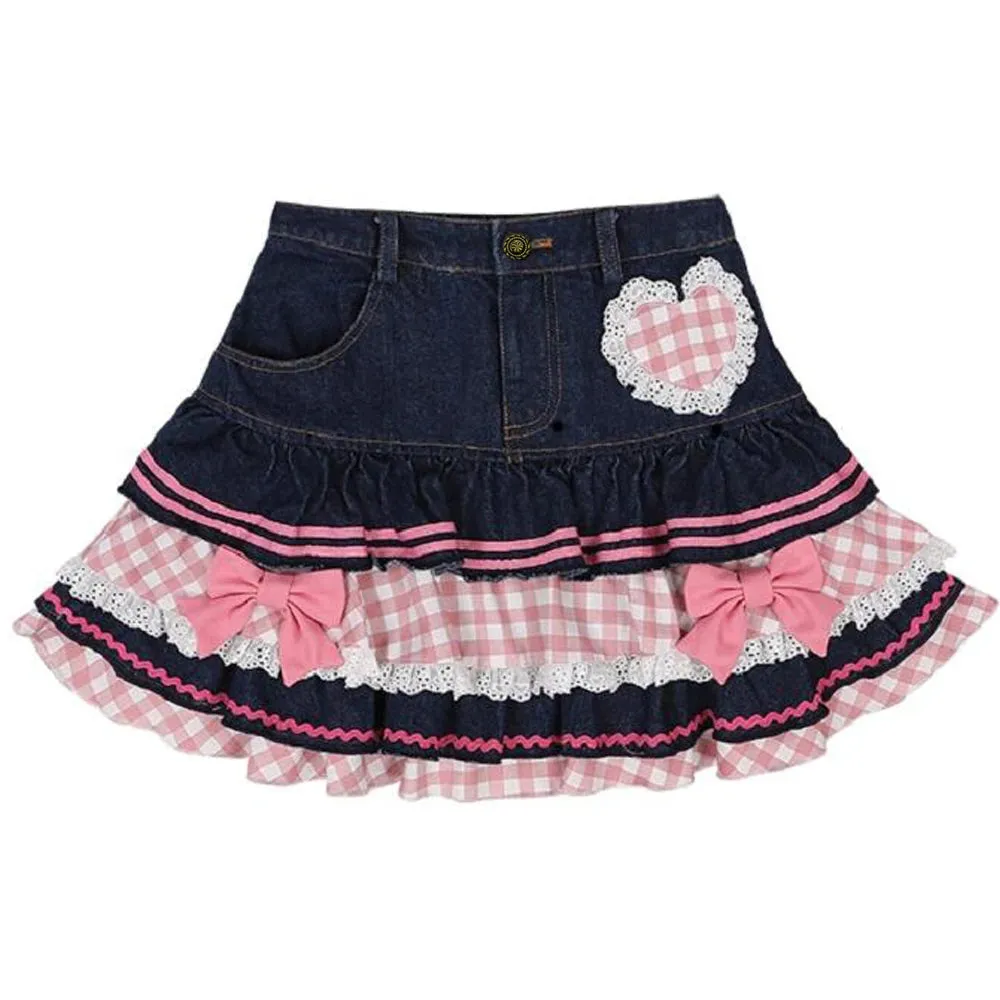 Aiertu Preppy Style Lolita Kawaii Skirts Japanese Sweet Mini Women Harajuku Cute Ball Gown Denim Skater Y2K High Waist Lace Cake Skirts