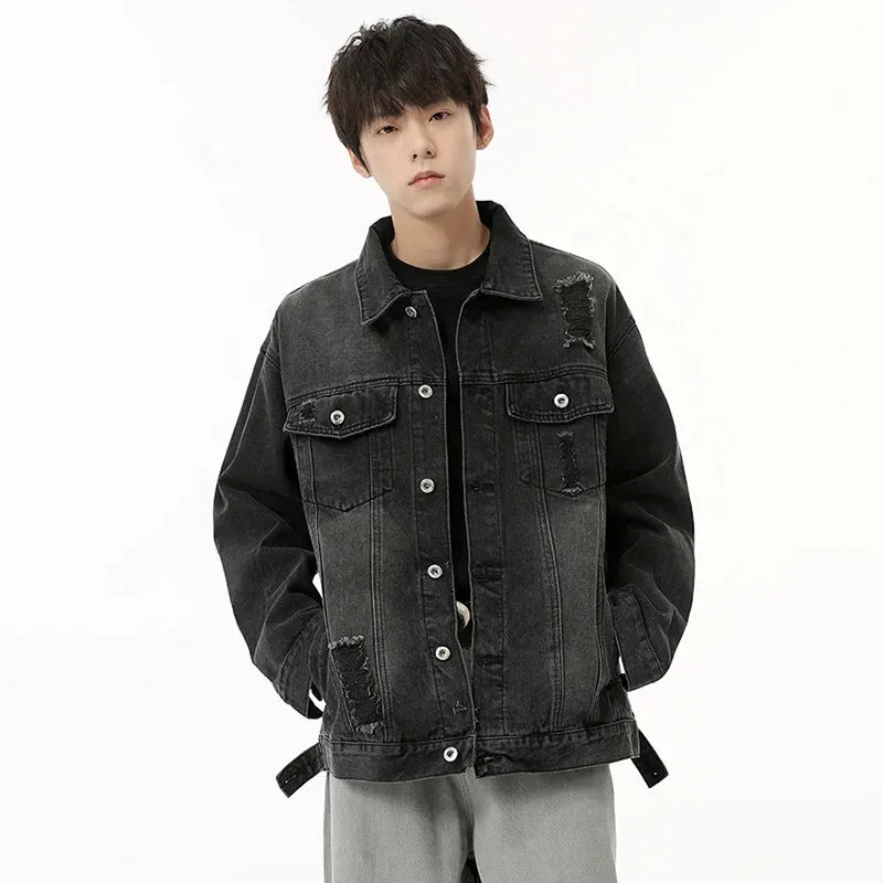 American Style Men's Denim Coats Hole Worn-out Contrast Color Tops Turn-down Collar Male Jackets New Trend Autumn 9C6830