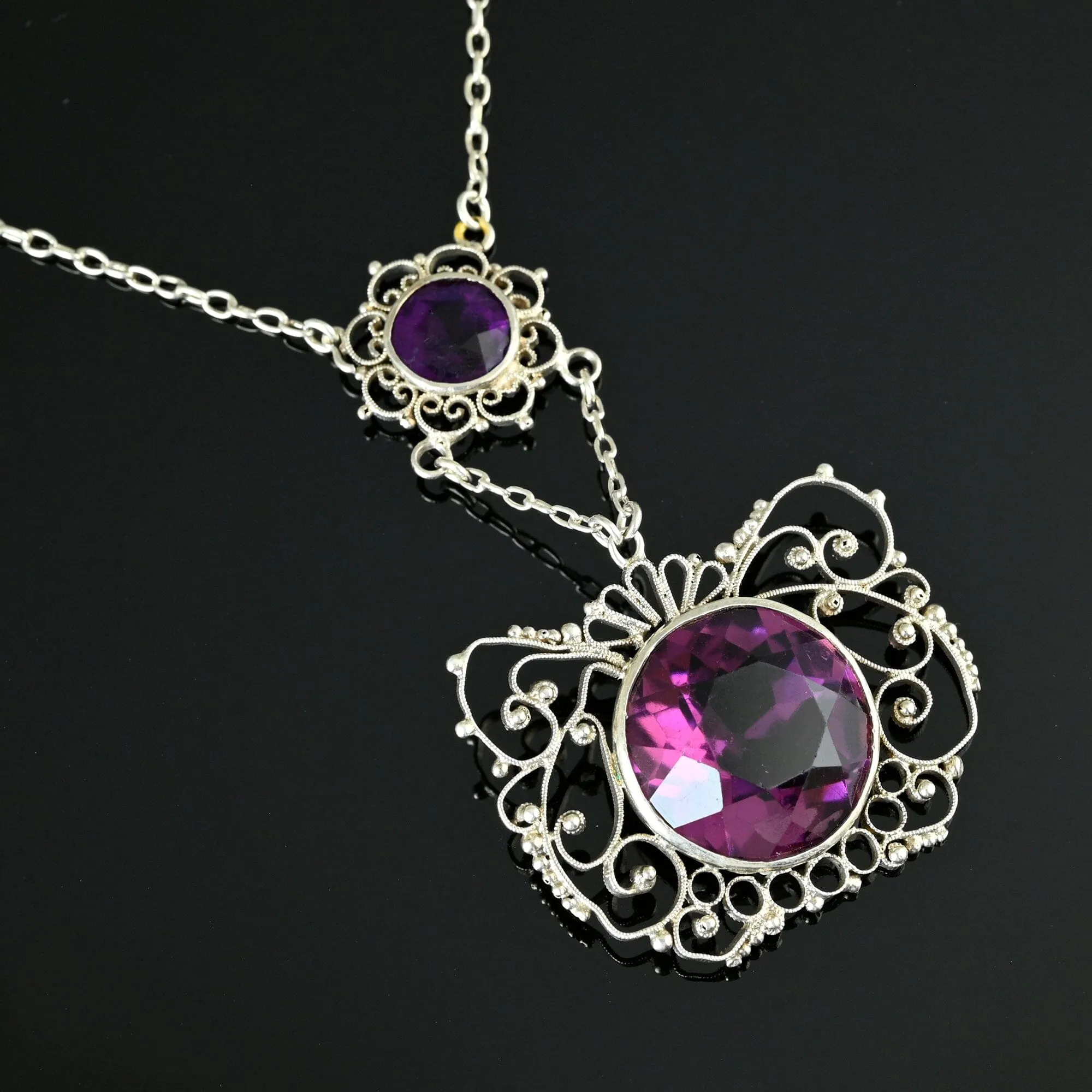 Antique Silver Filigree Amethyst Paste Necklace