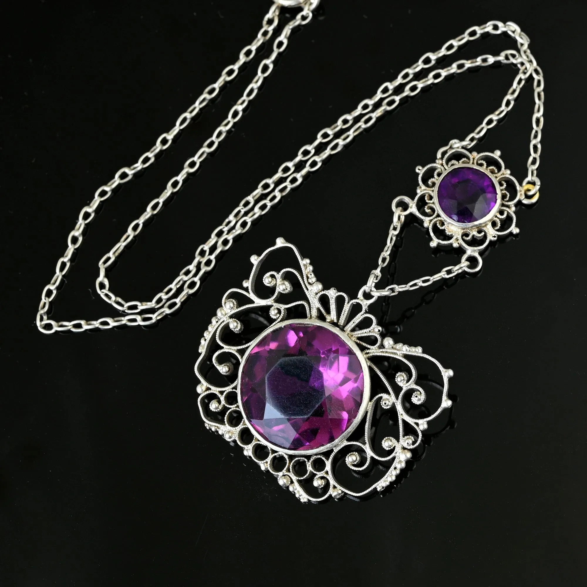 Antique Silver Filigree Amethyst Paste Necklace