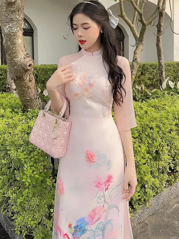 Ao Dai Dress Beige 3D Butterfly Ao Dai Includes One Ao Dai Top And Pants