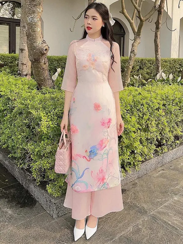 Ao Dai Dress Beige 3D Butterfly Ao Dai Includes One Ao Dai Top And Pants