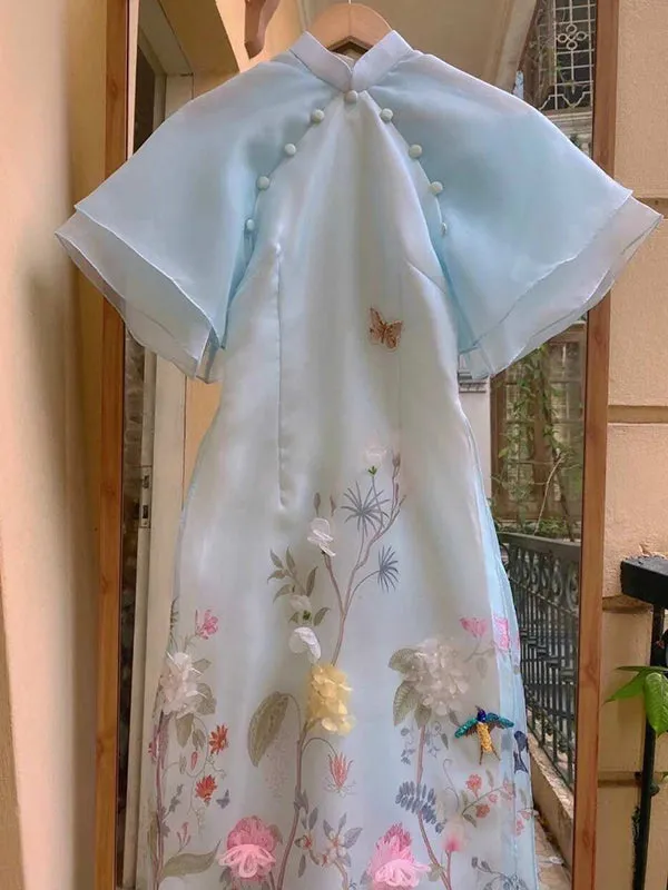 Ao Dai Dress Blue Wing Sleeve Includes One Ao Dai Top And Pants