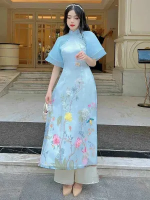 Ao Dai Dress Blue Wing Sleeve Includes One Ao Dai Top And Pants