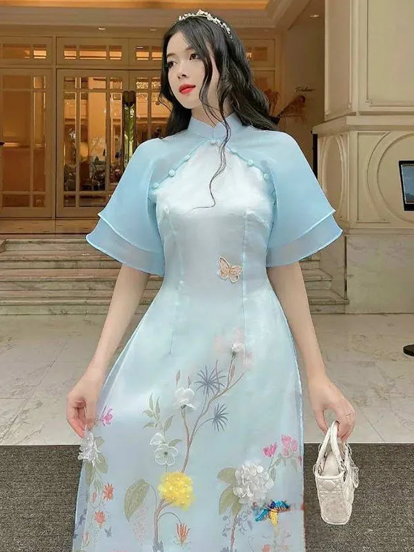 Ao Dai Dress Blue Wing Sleeve Includes One Ao Dai Top And Pants