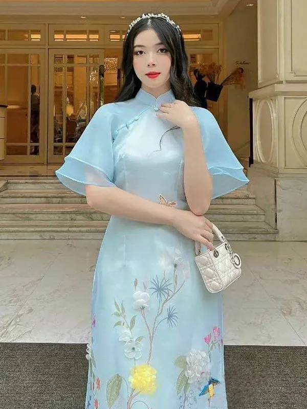 Ao Dai Dress Blue Wing Sleeve Includes One Ao Dai Top And Pants