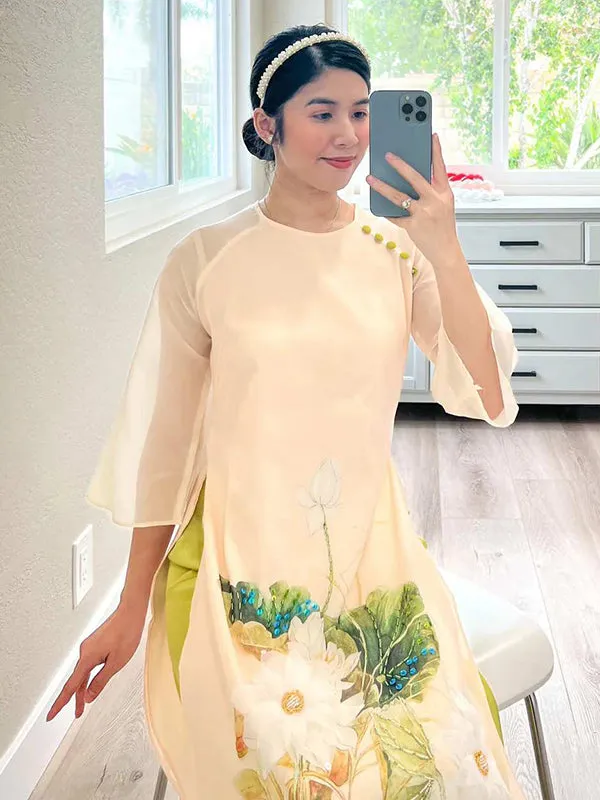 Ao Dai Dress Cream Button Lotus Includes One Ao Dai Top And Pants