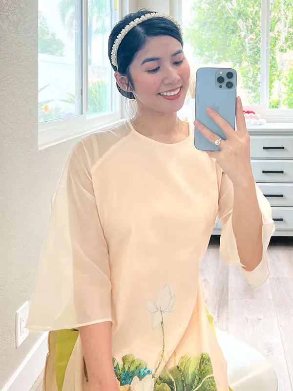 Ao Dai Dress Cream Button Lotus Includes One Ao Dai Top And Pants