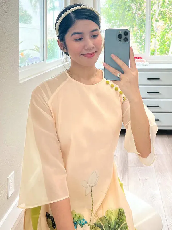 Ao Dai Dress Cream Button Lotus Includes One Ao Dai Top And Pants