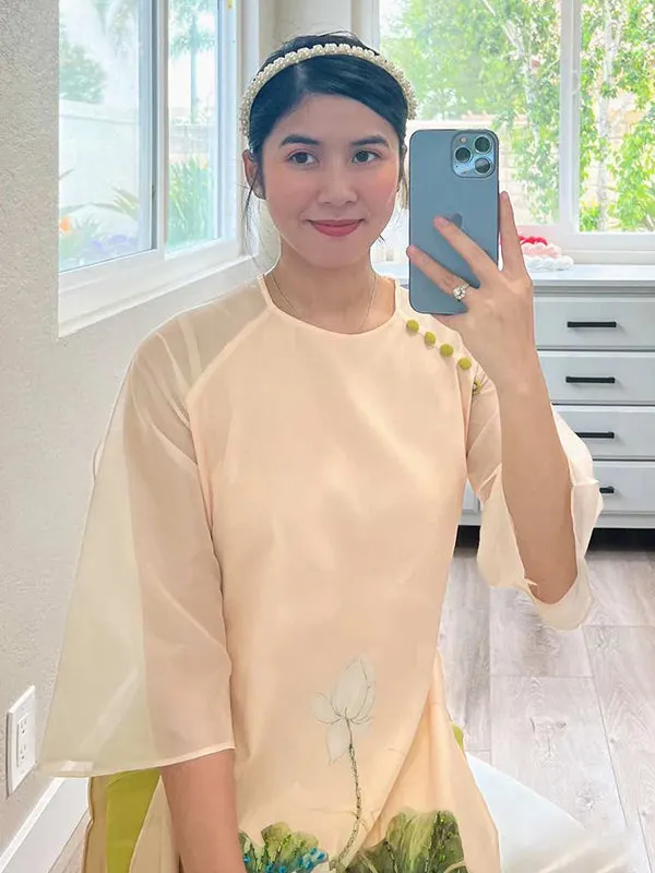 Ao Dai Dress Cream Button Lotus Includes One Ao Dai Top And Pants