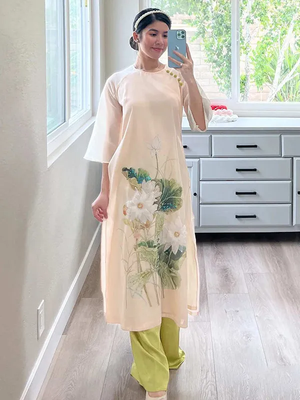 Ao Dai Dress Cream Button Lotus Includes One Ao Dai Top And Pants