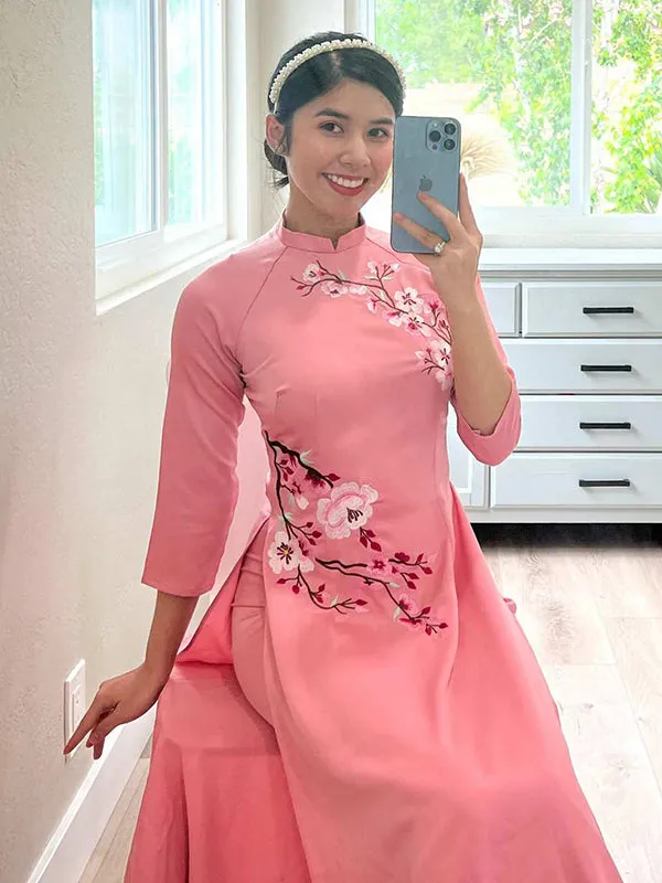 Ao Dai Dress Pink Embroidery Ao Dai Includes One Ao Dai Top And Pants