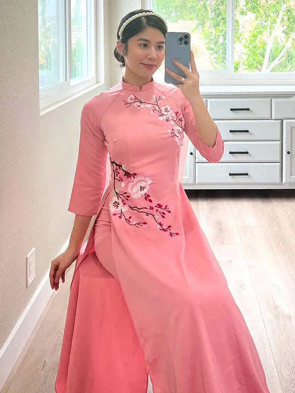 Ao Dai Dress Pink Embroidery Ao Dai Includes One Ao Dai Top And Pants