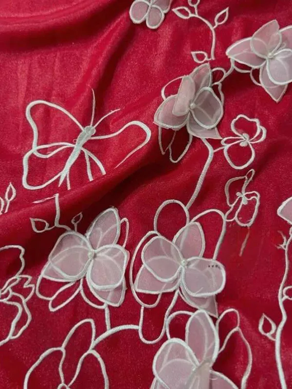 Ao Dai Dress Red Embroidery Butterfly Includes One Ao Dai Top And Pants