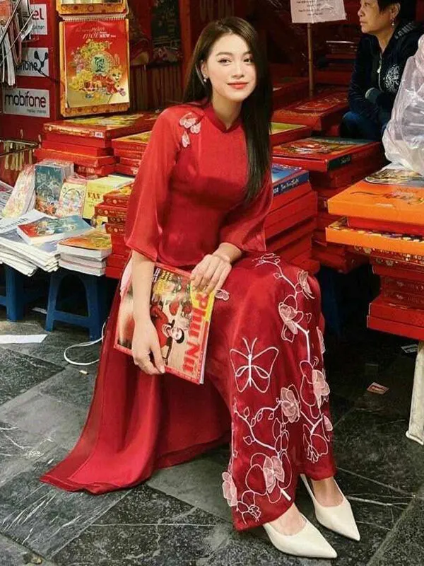 Ao Dai Dress Red Embroidery Butterfly Includes One Ao Dai Top And Pants