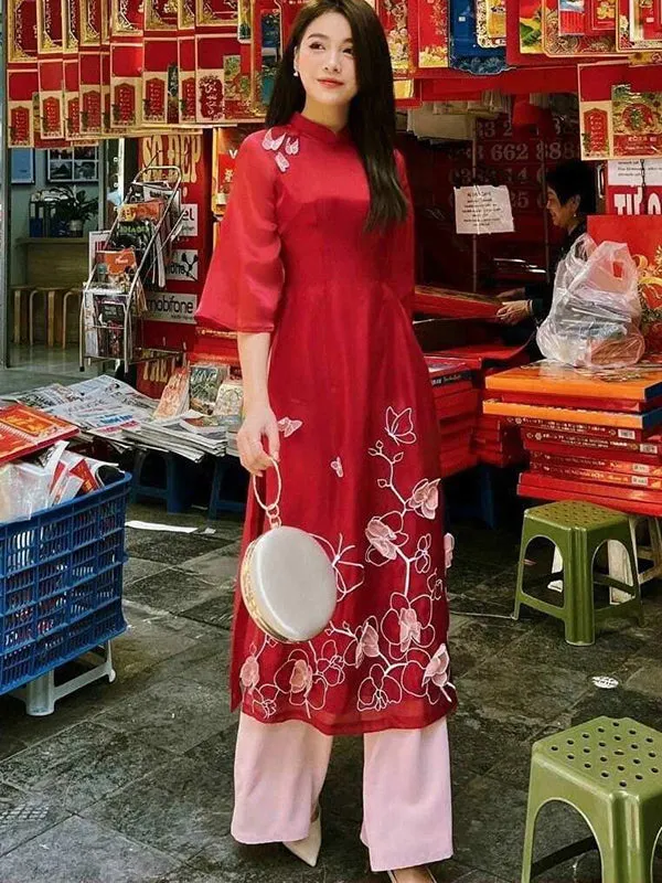 Ao Dai Dress Red Embroidery Butterfly Includes One Ao Dai Top And Pants