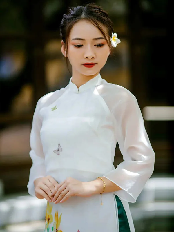 Ao Dai Dress White Floral Garden Includes One Ao Dai Top And Pants