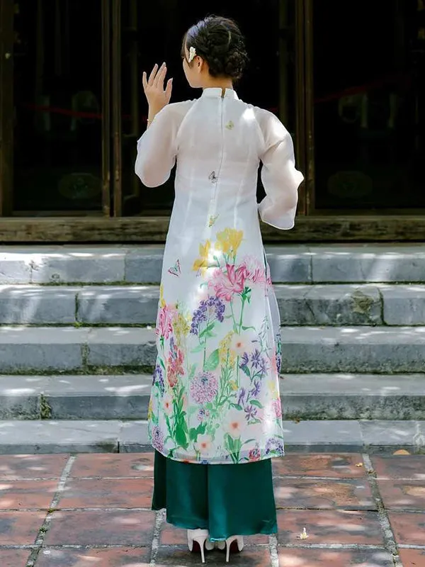 Ao Dai Dress White Floral Garden Includes One Ao Dai Top And Pants