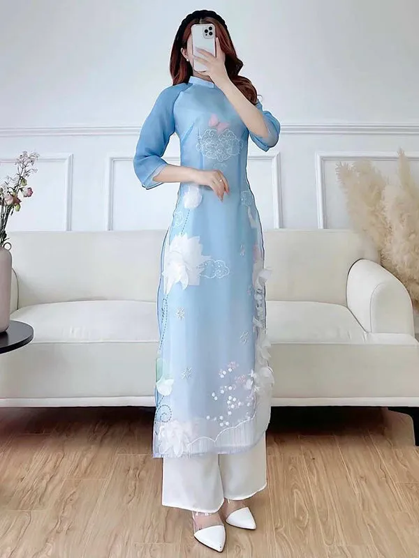 Ao Dai Vietnam Ao Dai Dress Blue Includes One Ao Dai Top And Pants