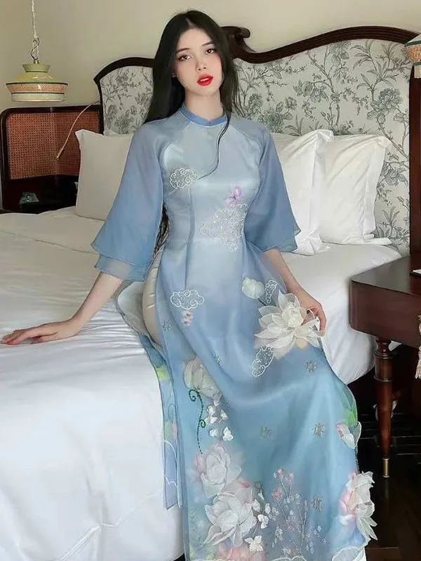 Ao Dai Vietnam Ao Dai Dress Blue Includes One Ao Dai Top And Pants