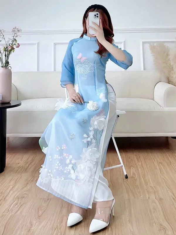 Ao Dai Vietnam Ao Dai Dress Blue Includes One Ao Dai Top And Pants