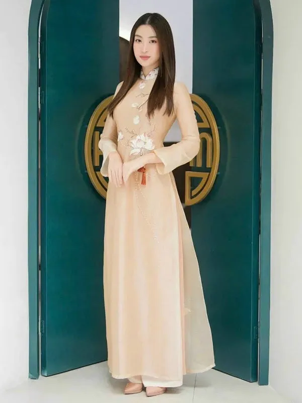 Ao Dai Vietnam Beige Ao Dai Dress Includes One Ao Dai Top And Pants