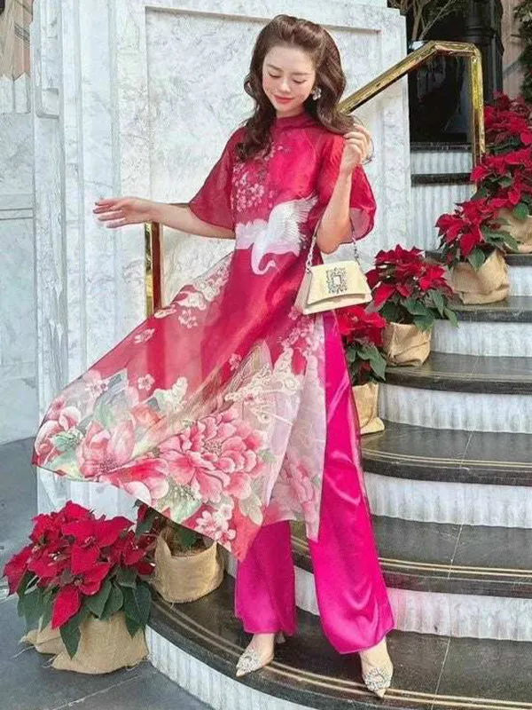 Ao Dai Vietnam Red Modern Ao Dai Dress Includes One Ao Dai Top And Pants