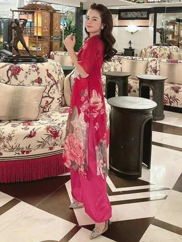 Ao Dai Vietnam Red Modern Ao Dai Dress Includes One Ao Dai Top And Pants