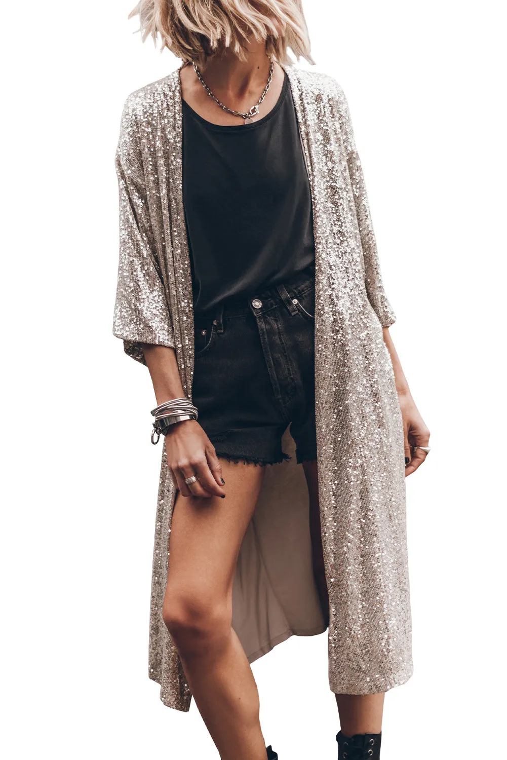 Apricot Sequin 3/4 Sleeve Open Front Duster Kimono