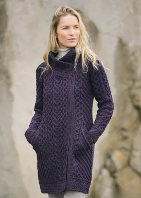 Aran Crafts Heart Design Hooded Coat | Plum