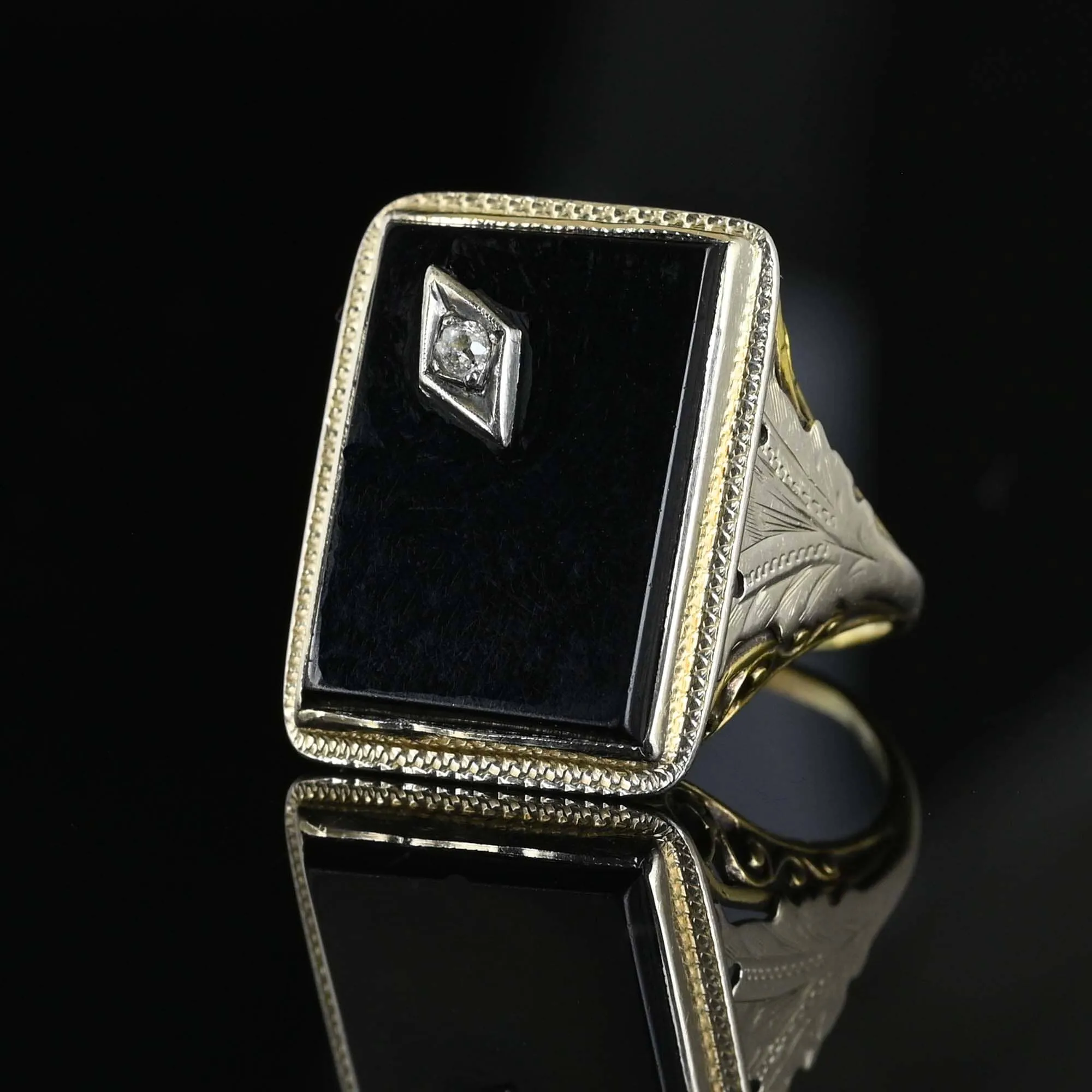 Art Deco 14K Gold Filigree Diamond Black Onyx Ring