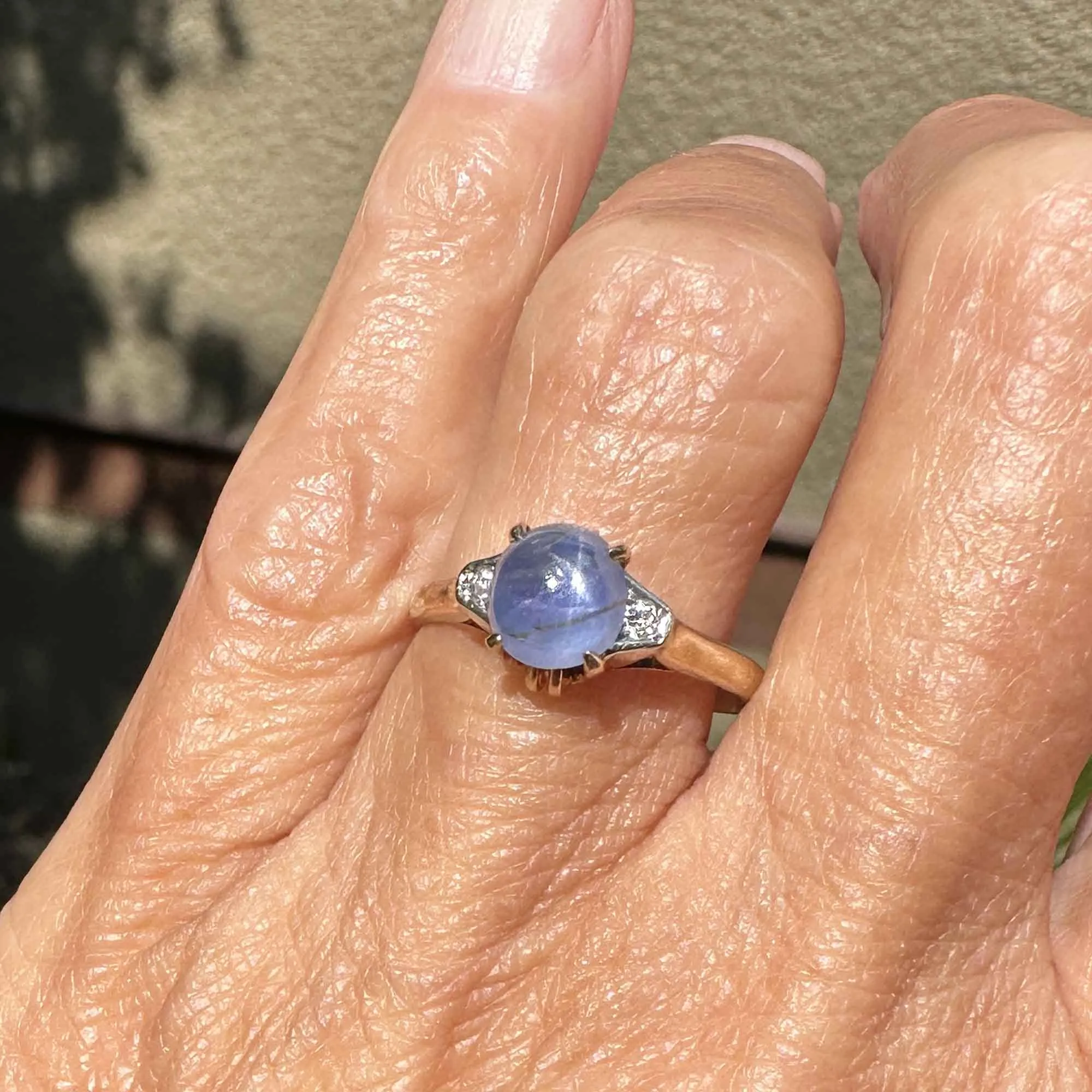 Art Deco Mine Cut Diamond Star Sapphire Ring in Gold