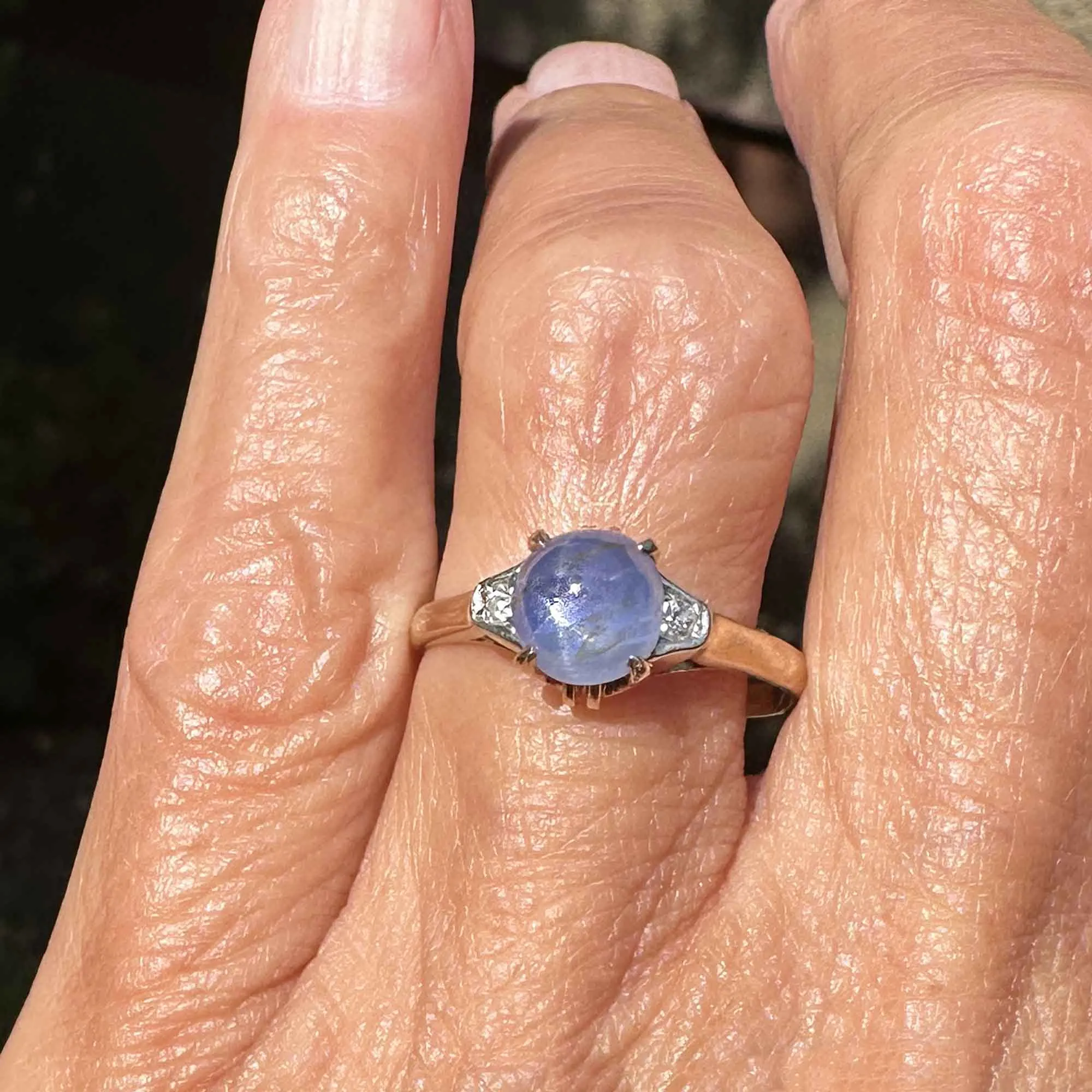 Art Deco Mine Cut Diamond Star Sapphire Ring in Gold