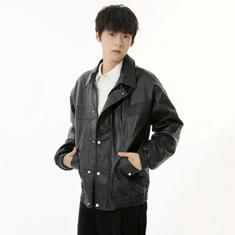 Autumn Men's Jackets Casual PU Leather Zipper Turn-down Collar Single Breasted Solid Color Male Loose Coats 9C6831