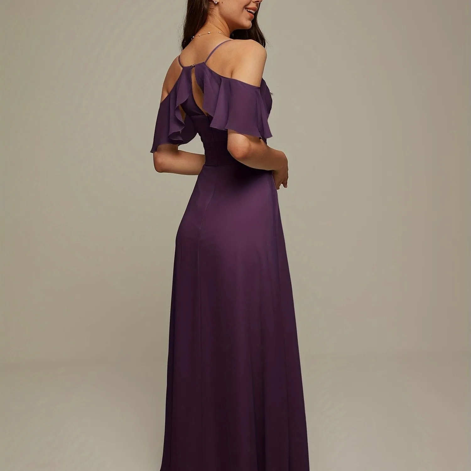 AW BRIDAR Cold Shoulder Chiffon Long Bridesmaid Dress Women's Party Wedding Large Ball Dress