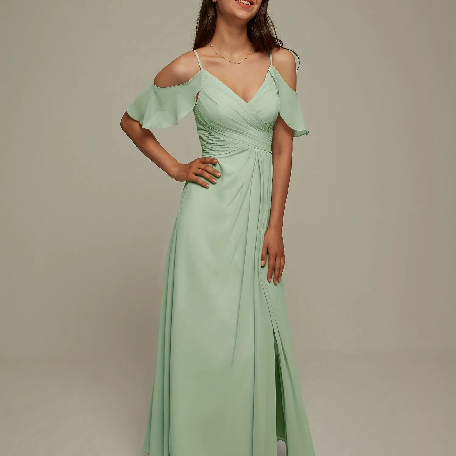 AW BRIDAR Cold Shoulder Chiffon Long Bridesmaid Dress Women's Party Wedding Large Ball Dress