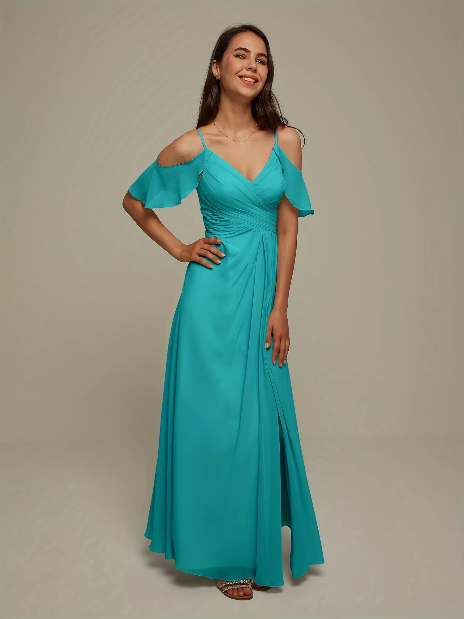 AW BRIDAR Cold Shoulder Chiffon Long Bridesmaid Dress Women's Party Wedding Large Ball Dress