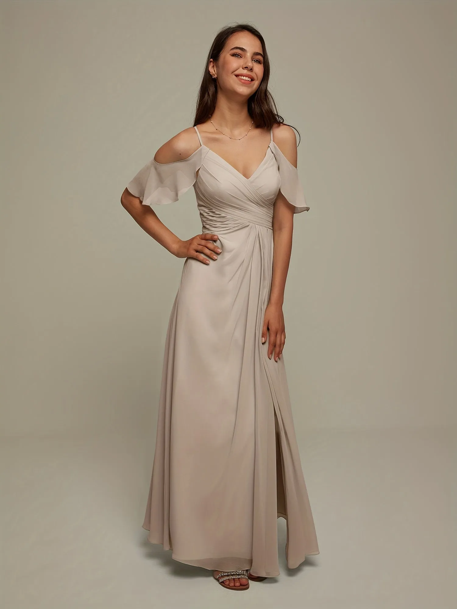 AW BRIDAR Cold Shoulder Chiffon Long Bridesmaid Dress Women's Party Wedding Large Ball Dress