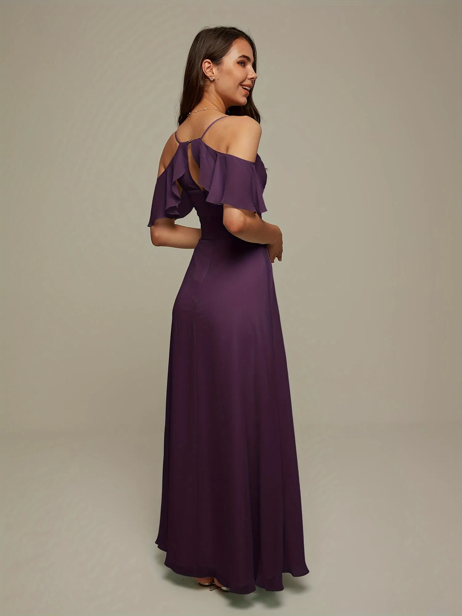 AW BRIDAR Cold Shoulder Chiffon Long Bridesmaid Dress Women's Party Wedding Large Ball Dress