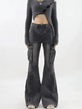 Black Cargo Jeans Women Vintage Oversize Zip Wide Leg Denim Pants