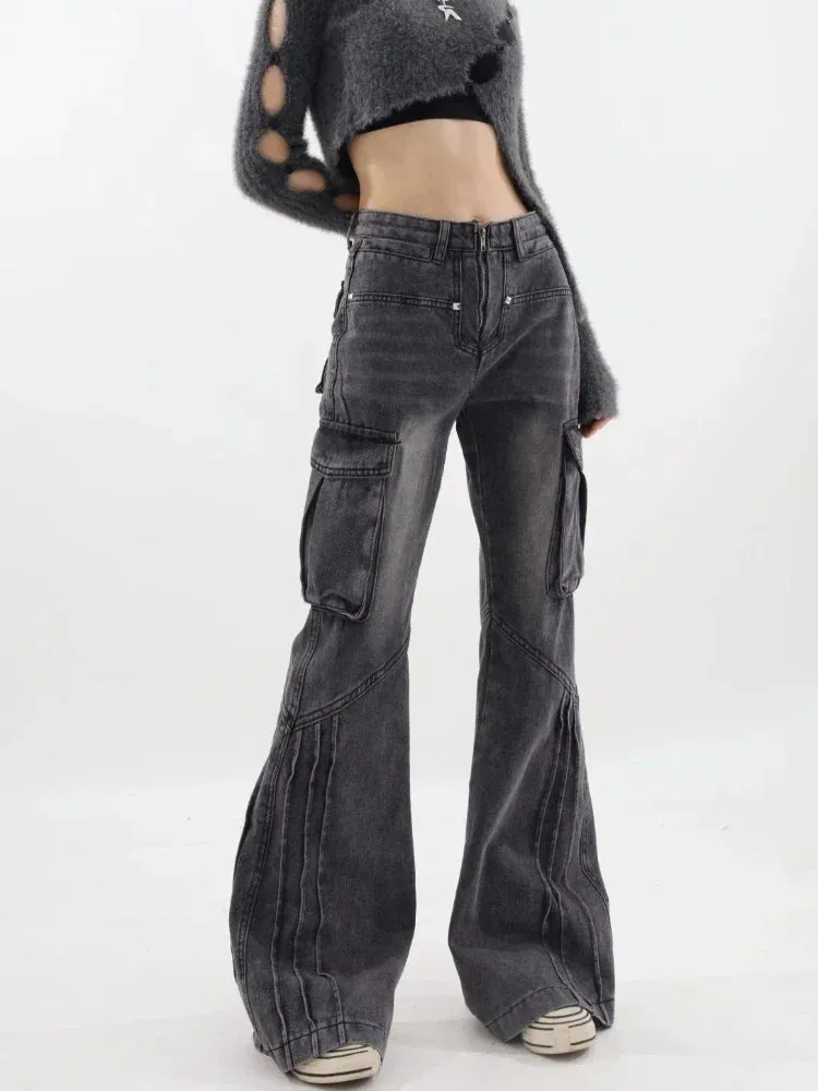 Black Cargo Jeans Women Vintage Oversize Zip Wide Leg Denim Pants