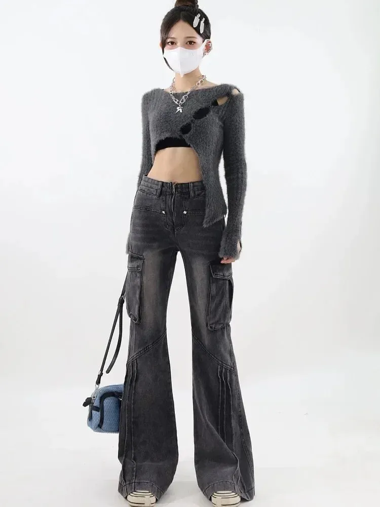 Black Cargo Jeans Women Vintage Oversize Zip Wide Leg Denim Pants