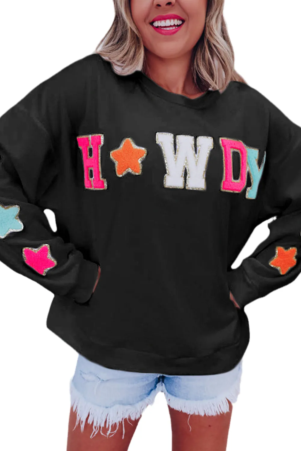 Black Glitter Howdy Patch Graphic Casual Sweatshirt