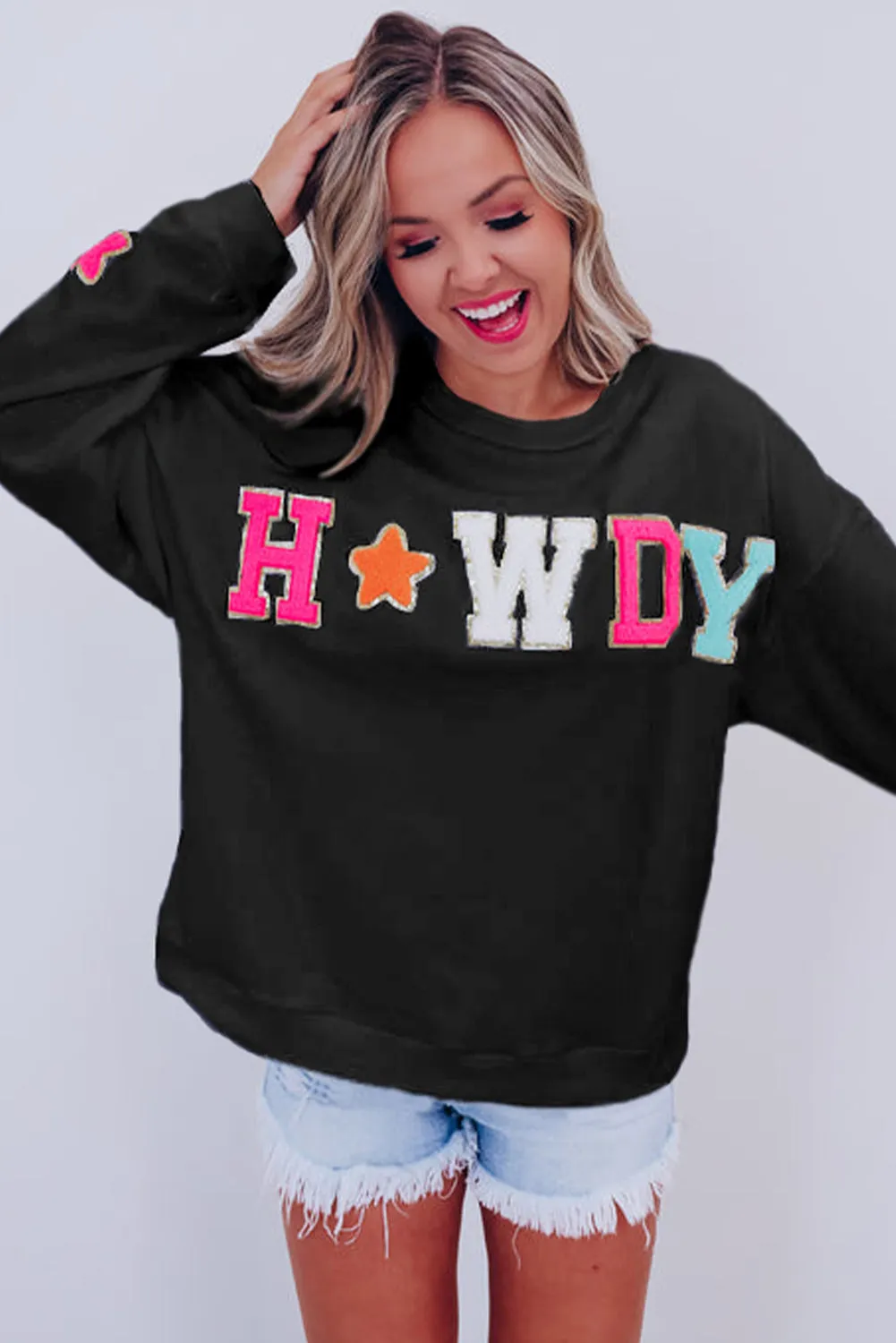 Black Glitter Howdy Patch Graphic Casual Sweatshirt