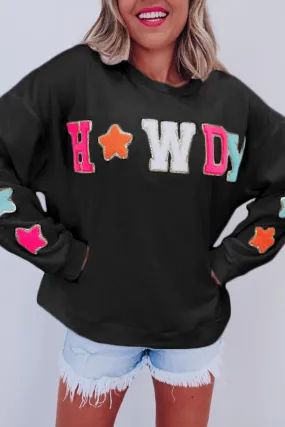 Black Glitter Howdy Patch Graphic Casual Sweatshirt